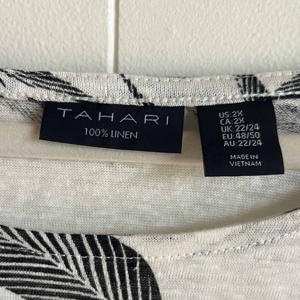 Tahari Black and White Leaf Print 100% Linen Blouse Sz 2X Coastal Grandma Beach - Picture 3 of 8